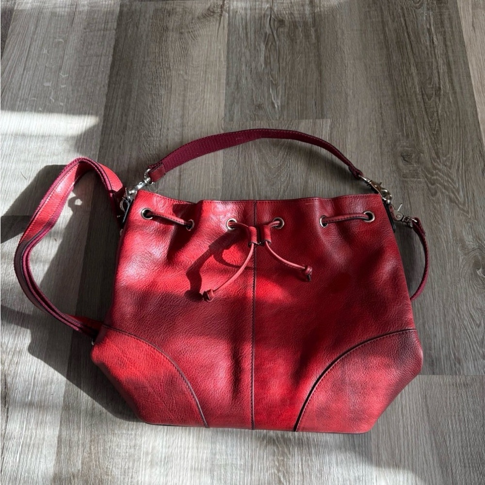 Red Leather Drawstring Shoulder Bag - image 1
